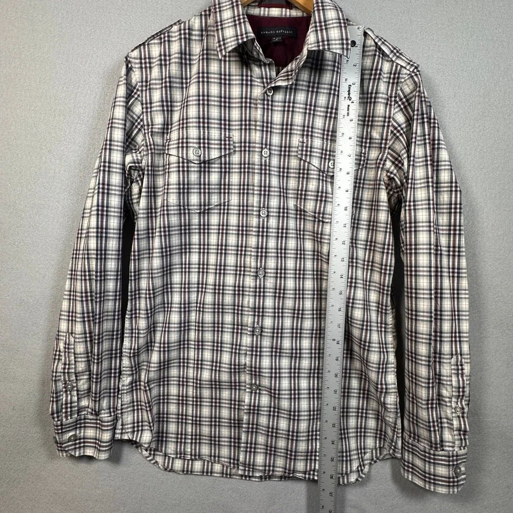 Banana Republic Mens Small Plaid Button Down Shirt Stretch Epaulets Burgundy S